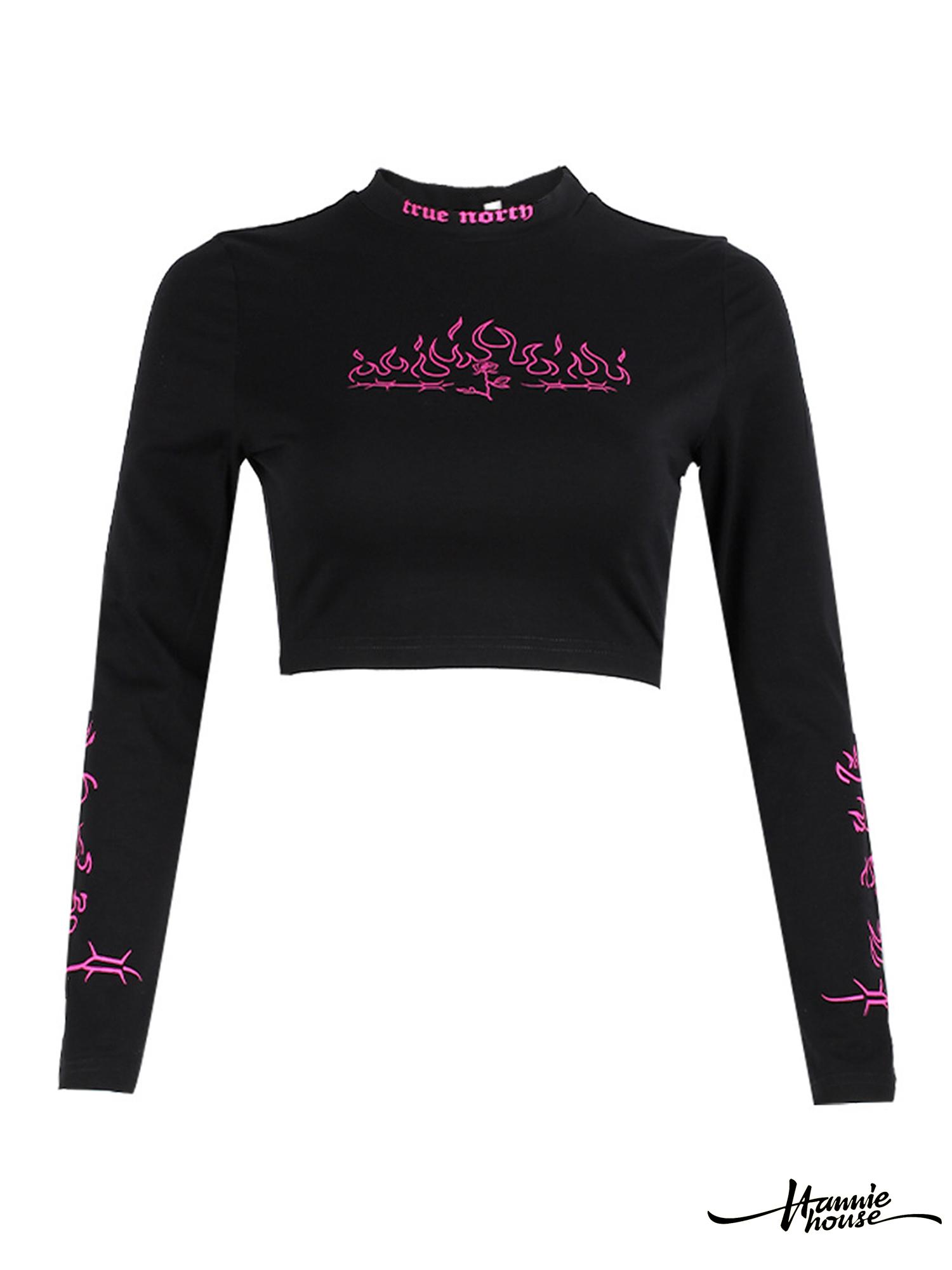 ❥Only➢Women’s Casual Long-sleeved T-shirt Fashion Flame Letter Print Ring Slim Fit Exposed Navel Top | BigBuy360 - bigbuy360.vn