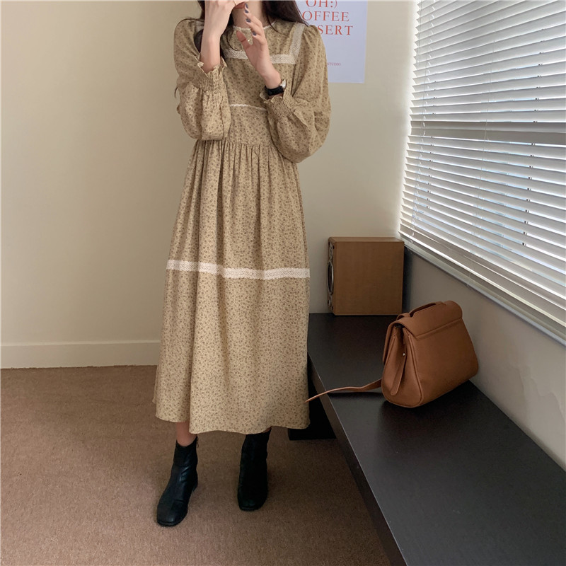 Đầm chiffon Peppermint 38705 tay dài cổ tròn in hoa phong cách retro độc đáo