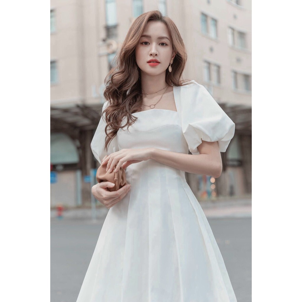 Đầm Cổ Vuông ⚡️FREESHIP⚡️ Tay Phồng Dáng Xòe Tà Xếp Ly | BigBuy360 - bigbuy360.vn