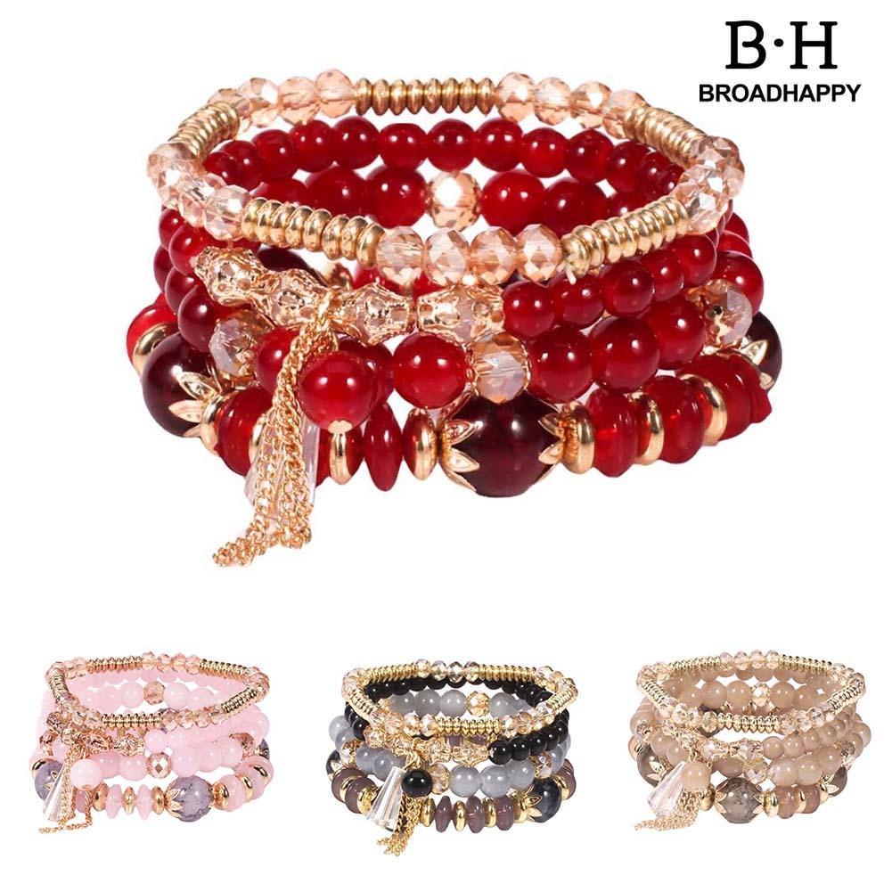 Bộ 4 Vòng Tay Chuỗi Hạt Ngọc Trai Nhân Tạo Có Tua Rua Phong Cách Boho Thời Trang Cho Nữ