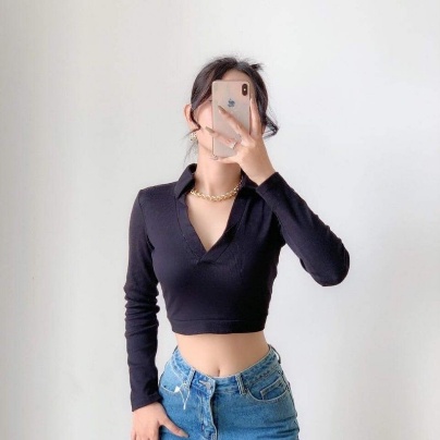 Áo croptop cổ bẻ polo tay dài
