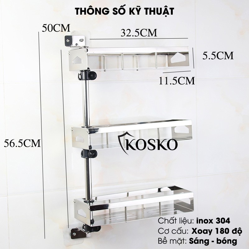 Kệ gia vị 2 tầng và 3 tầng inox Kosko đa năng gắn tường xoay 360 độ, bảo hành 12 tháng