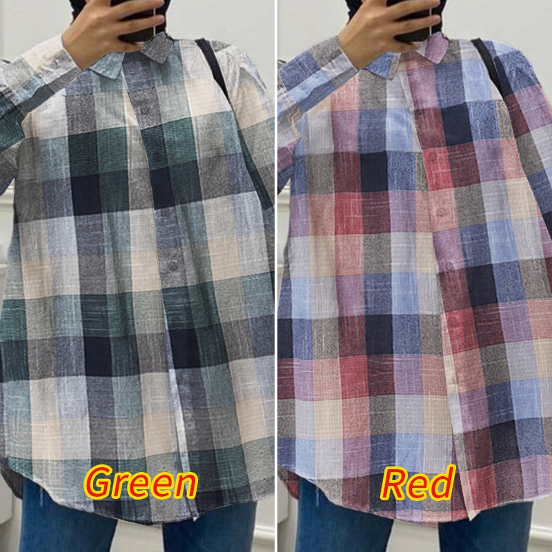 Áo sơ mi ZANZEA tay dài họa tiết sọc ca rô thời trang retro cho nữ