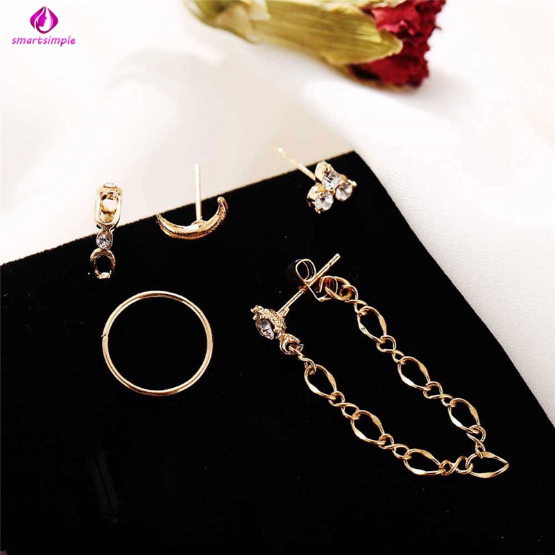 Set 5 Khuyên Tai Hình Mặt Trăng Tròn Đính Đá Zircon Sáng Tạo