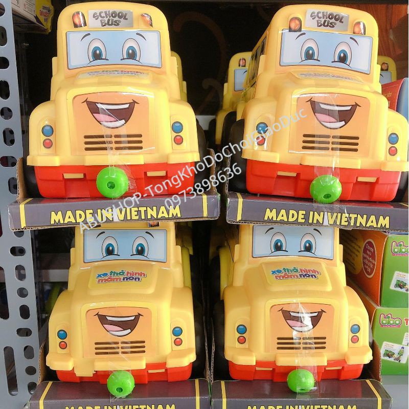 Bộ đồ chơi xe thả hình kéo dây 26X18cm Hãng Sato - Đồ chơi trẻ em kích thích vận động và học hình khối