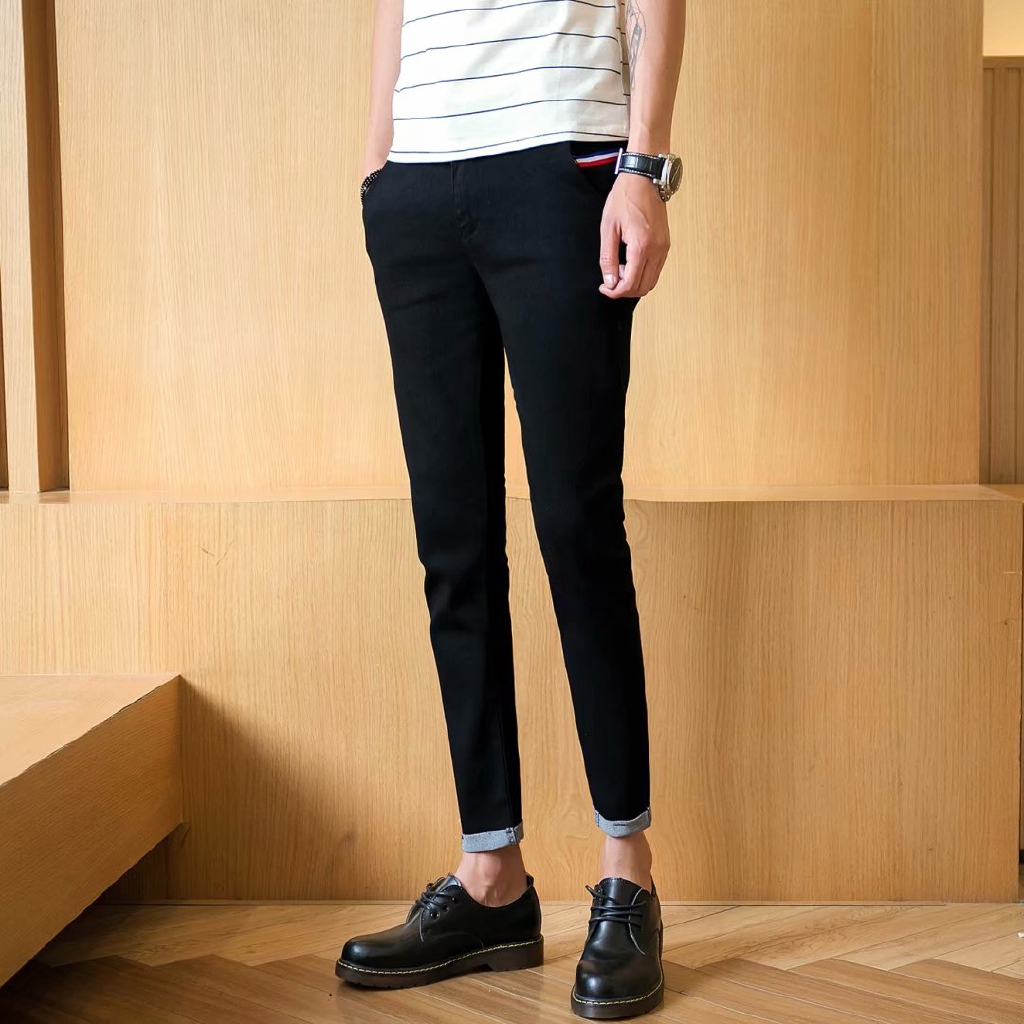 【27-34 waistline】 Korean Slim fit skinny ankle-length men's denim jeans spirit guy can stretch black tights for men and women trendy men's pants