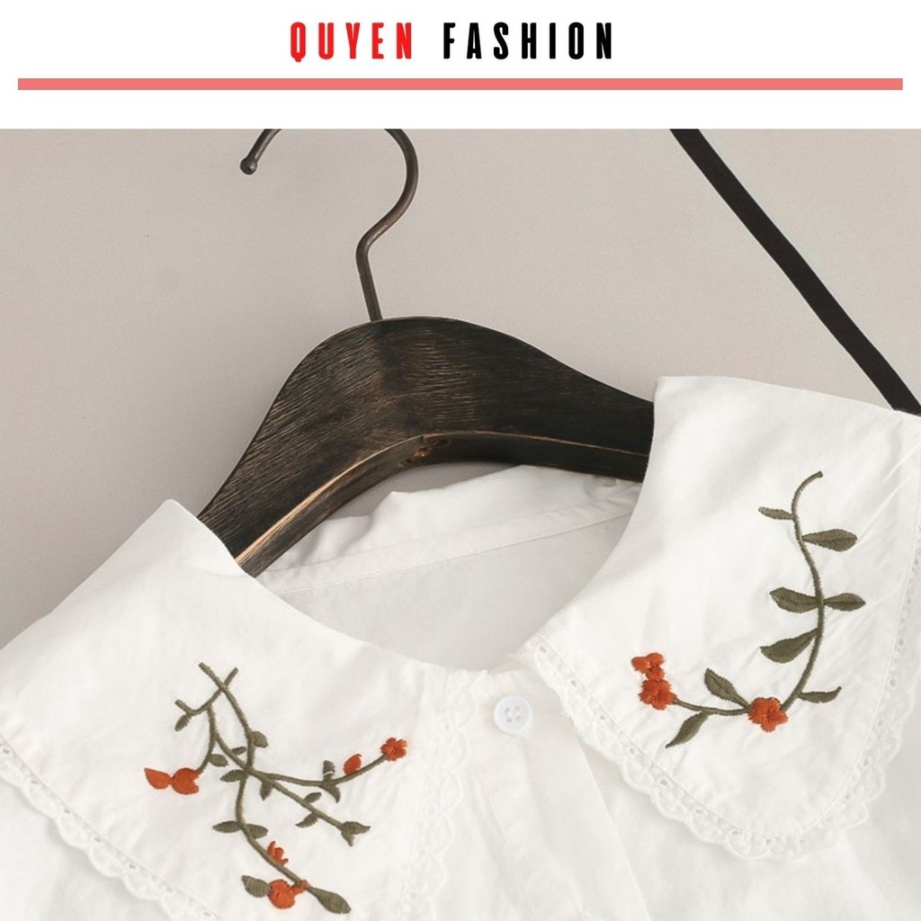 Áo sơ mi cổ thêu hoa công sở Quyên Fashion AA555 màu trắng tay tiểu thư