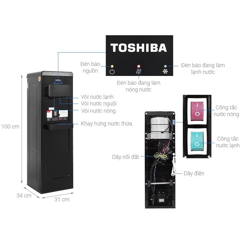 Cây nước nóng lạnh Toshiba RWF-W1917TV(K) bình gắn trên nguyên khối làm lạnh nhanh màu đen - Bảo hành hãng 12 tháng