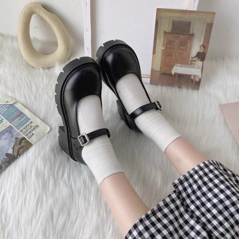Giày Nữ Lolita Dây Cài Đế Vuông Cao 5cm, Giày Búp Bê Độn Đế Chất Da Đế Dày Mũi Tròn Phong Cách Retro Nhật Bản