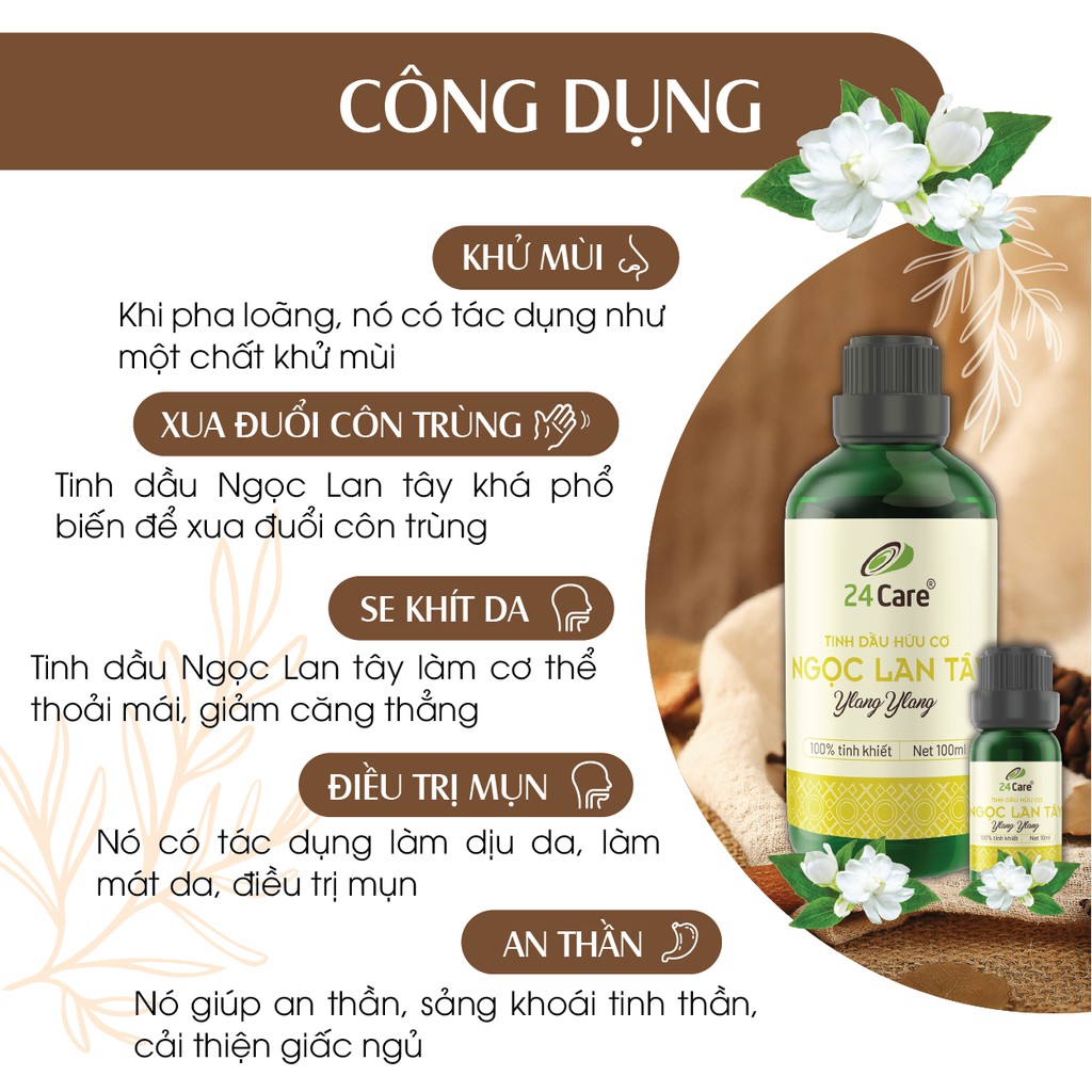 [MUA 1 TẶNG 1] Tinh dầu Ngọc Lan Tây 24Care - tập trung tinh thần,se khít lỗ chân lông, giảm đau. 10ml