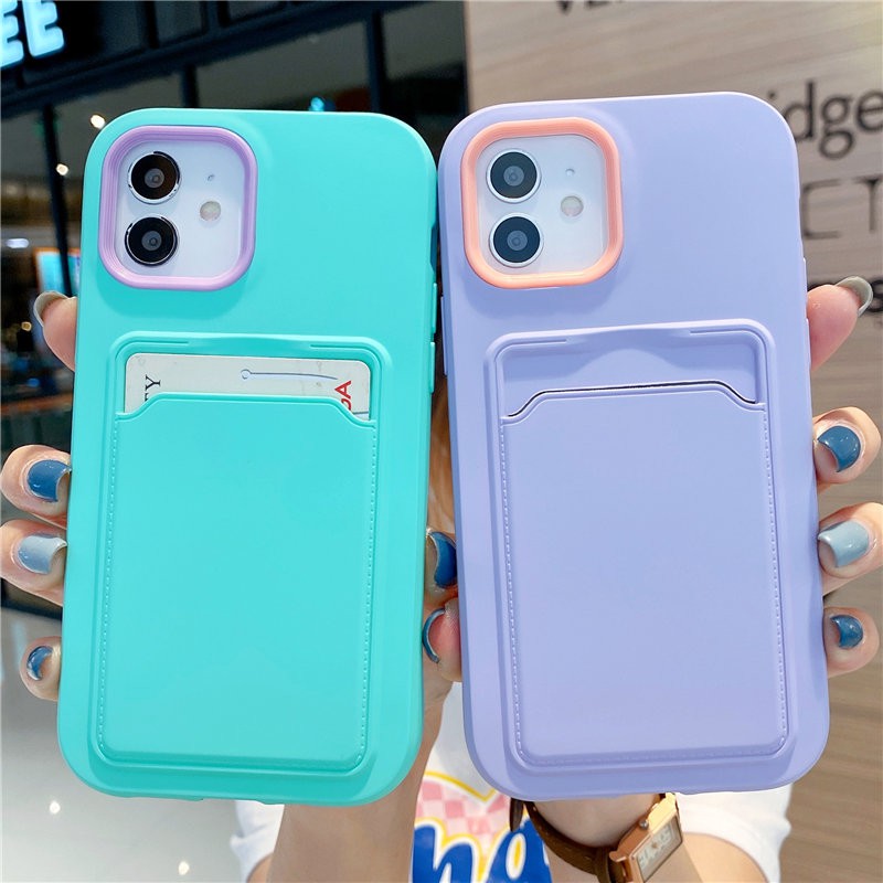Ốp điện thoại mềm màu kẹo có ngăn đựng thẻ chống sốc thích hợp cho Iphone 12 11 Pro Max Xr Xs Max X 7 8 Plus 12pro
