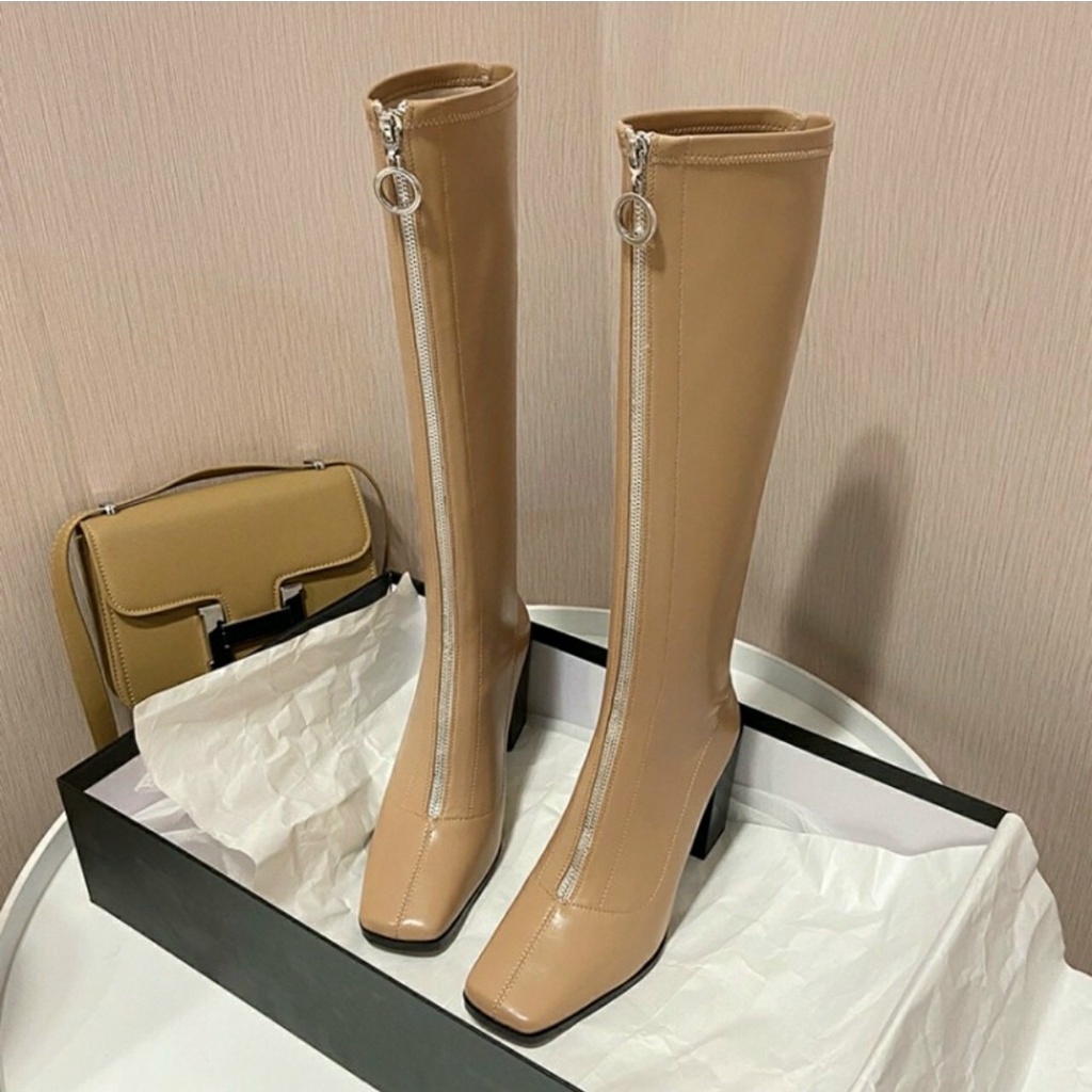 Video + Ảnh thật Boot đùi nữ khóa trước da lỳ mềm gót trụ cao 7p sang chảnh