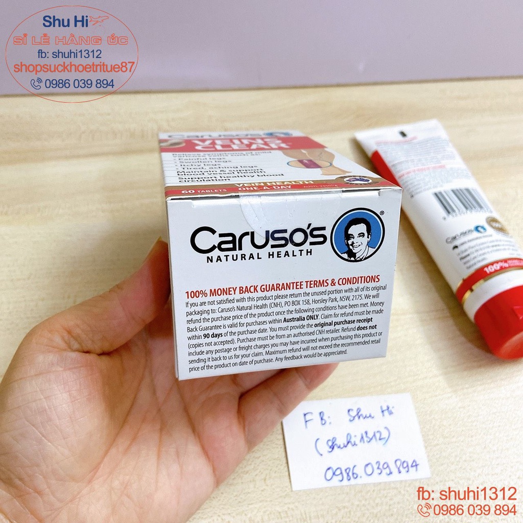 Viên uống giãn tĩnh mạch carusos venis clear caruso's 60 viên, kem bôi giãn tĩnh mạch venis clear cream caruso's 75g