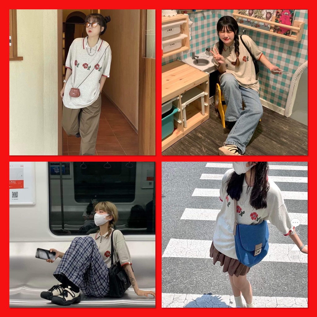 Áo thun POLO Xốp nữ Màu Ghi tay lỡ có cổ phông form rộng freesize unisex mặc đi học, cặp, nhóm, lớp