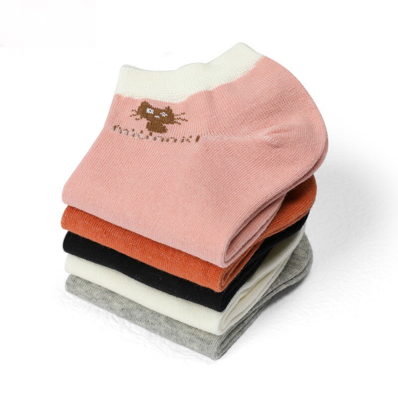 Tất Vớ Nữ Cổ Ngắn Dễ Thương Cotton Thêu Hình Mèo Cute Hàn Quốc Mỏng Thoáng Free Size PINKSTORE