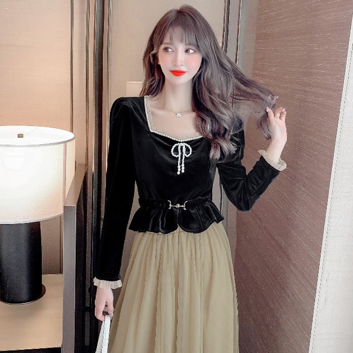 Set Áo Cổ Vuông Dài Tay + Chân Váy Lưới Dài Thời Trang Nữ