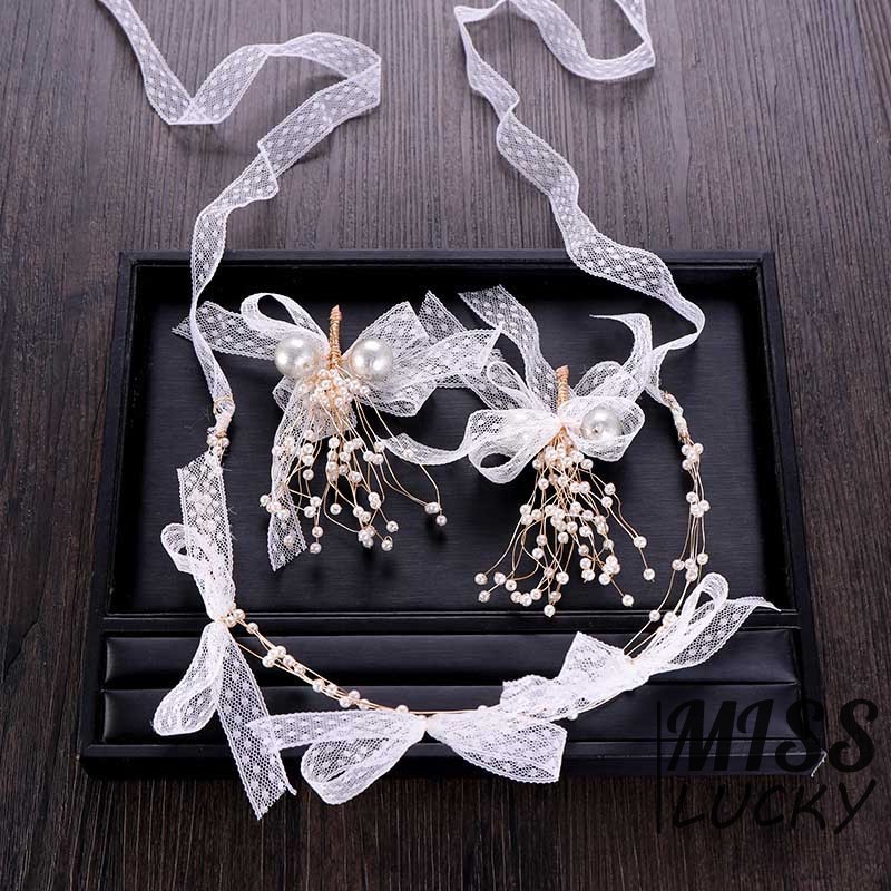 Set cài tóc + đôi bông tai dáng dài thắt nơ đính ngọc trai giả xinh xắn cho nữ