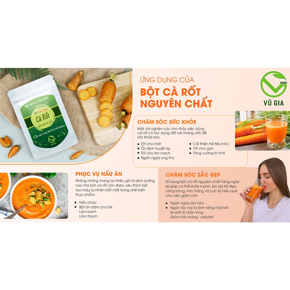 Bột Cà Rốt Sấy Lạnh Nguyên Chất Vũ Gia (50g/ túi) - giàu Vitamin A