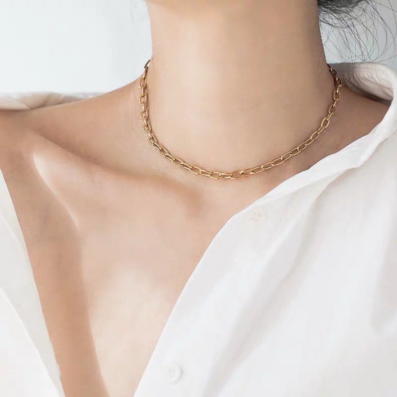 Vòng cổ choker bằng thép titan mạ vàng hồng 18K / vàng dạng chuỗi xích hình chữ nhật phong cách Âu Mỹ dễ phối đồ