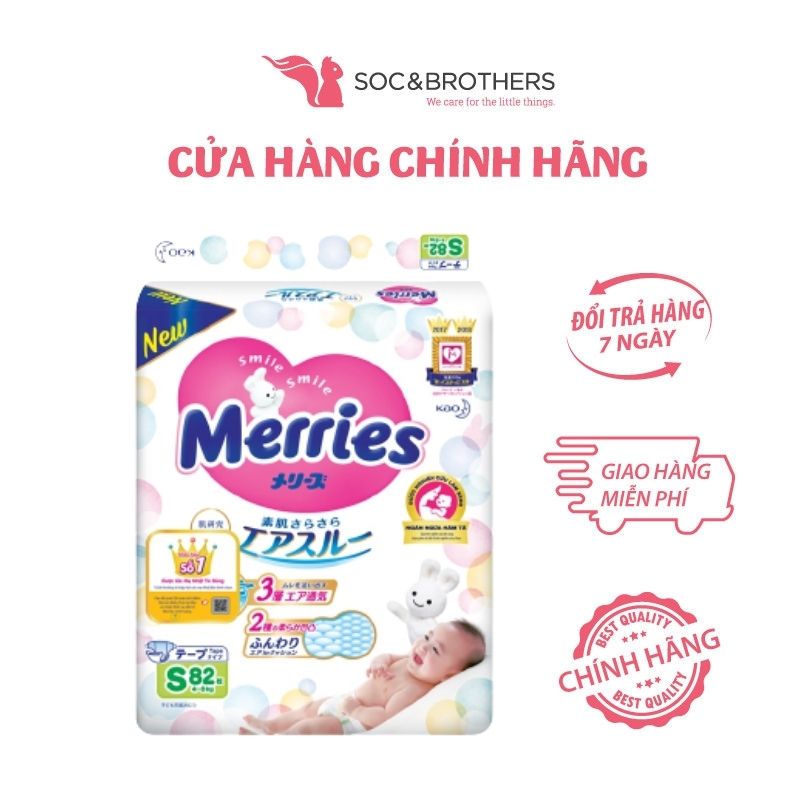 [Mã BMBAU50 giảm 7% đơn 99K] Bỉm Merries dán size S cho bé từ 4-8kg 82 miếng