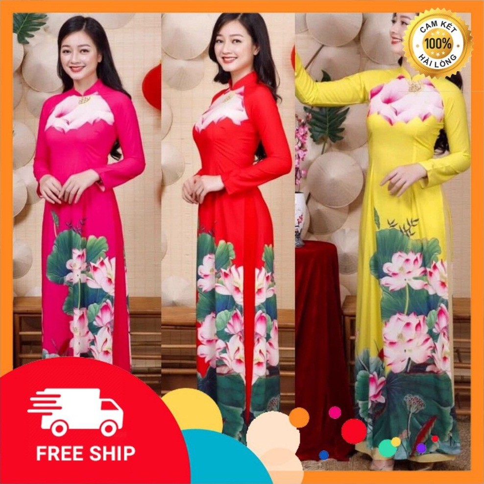 Áo dài cách tân - Set áo dài truyền thống hoạ tiết bông sen cao cấp