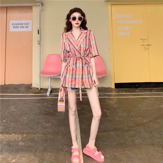 (Hàng Đẹp)Ảnh thật 4 hình cuối-Đầm sơ mi cổ vest kẻ sọc màu thời trang Ulzzang cá tính