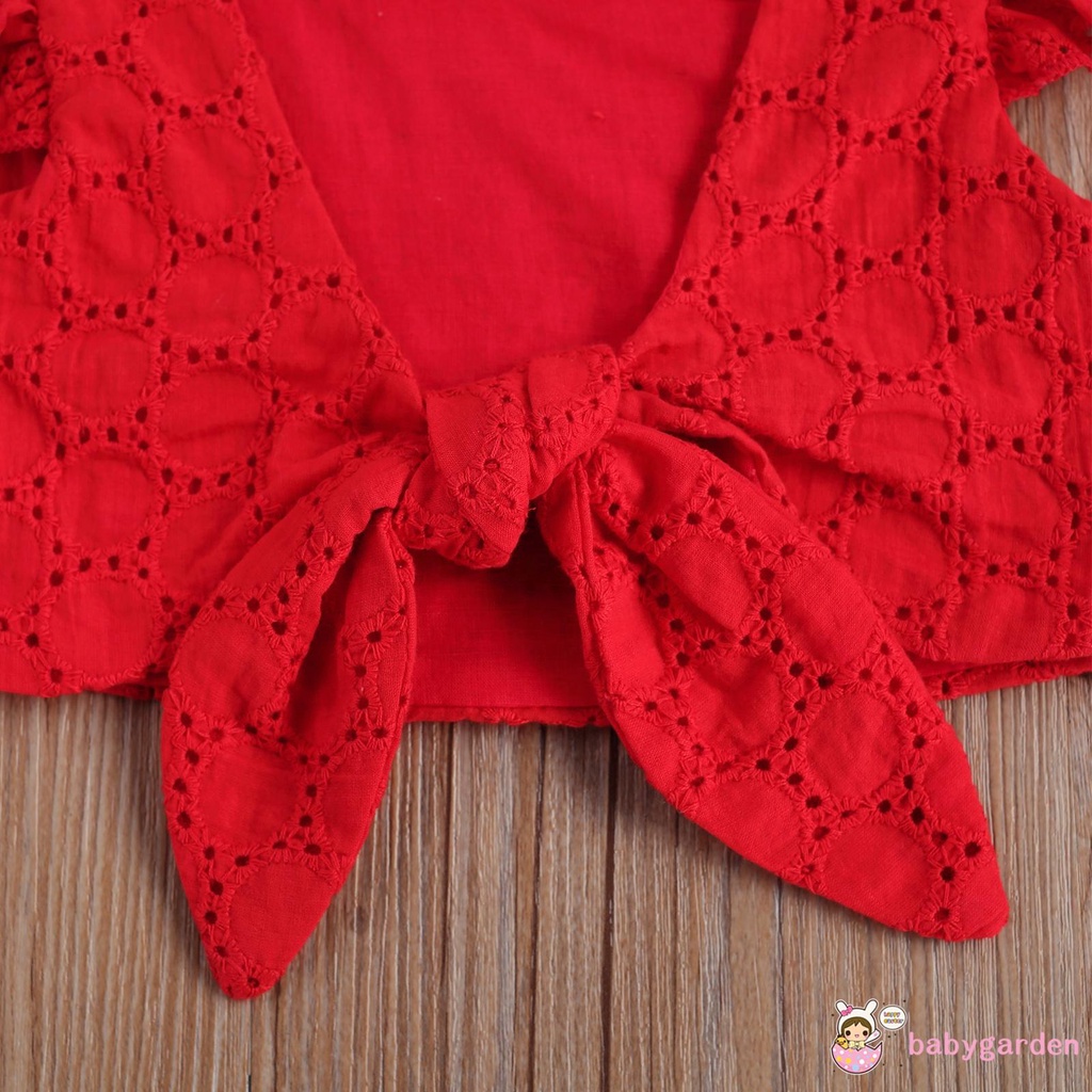 Set đồ hai mảnh gồm áo tay cánh tiên hở lưng và quần short dệt Jacquard cho bé gái mặc chụp ảnh dự tiệc sinh nhật