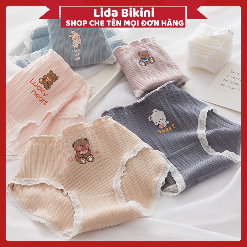 Quần Lót Nữ Cotton gân tăm viền ren thêu gấu dễ thương thoáng mát MÃ 2899