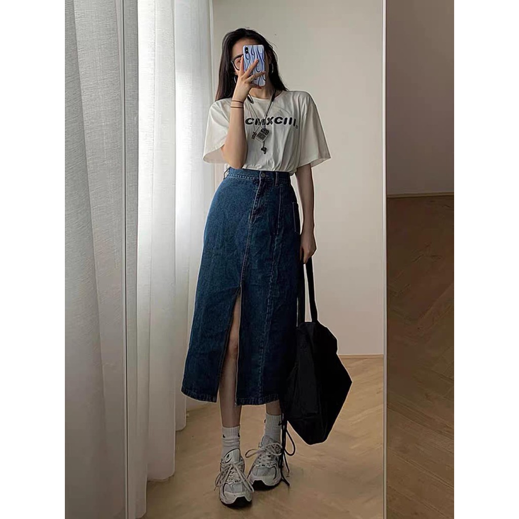 [SẴN SIZE S & 3XL - BIG SIZE] Chân váy denim XẺ TÀ cạp cao retro. Ảnh thật chính chủ cuối hình | BigBuy360 - bigbuy360.vn
