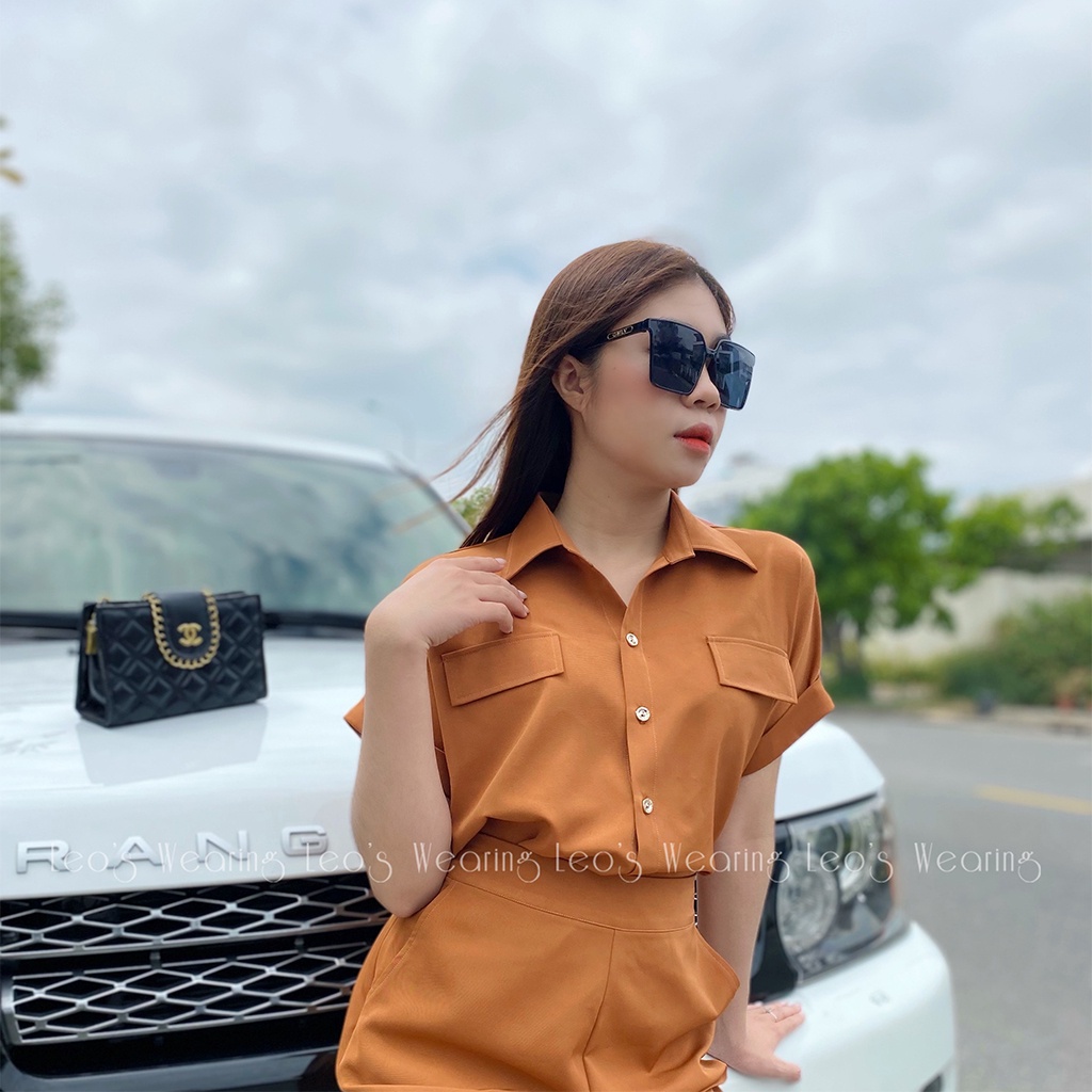 Bộ đồ nữ quần dài ống suông mix áo sơ mi cộc tay sang chảnh LEOSWEARING Thiết kế mặc công sở dạo phố hằng ngày K19