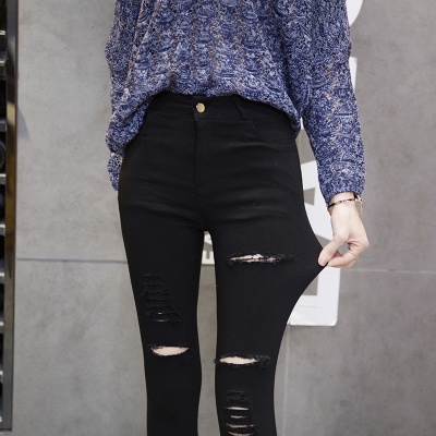 Quần legging đen dài đến mắt cá chân phối rách kiểu Hàn Quốc thời trang xuân hè 2021 cho nữ