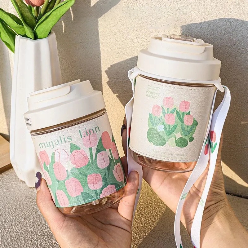 Bình Nước Cỡ Lớn Có Ống Hút Họa Tiết Hoa Tulip Xinh Xắn Cho Học Sinh