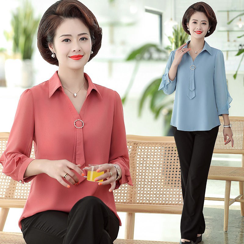 BV✠✴Middle aged fashion▪Áo phông thời trang mùa xuân cho mẹ sơ mi nữ voan mỏng mẫu mới 2021