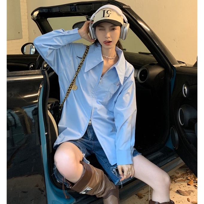 QKOOLE Áo sơ mi  tay dài dáng rộng màu trơn có khóa kéo đôi phong cách Hàn Quốc cho nữ