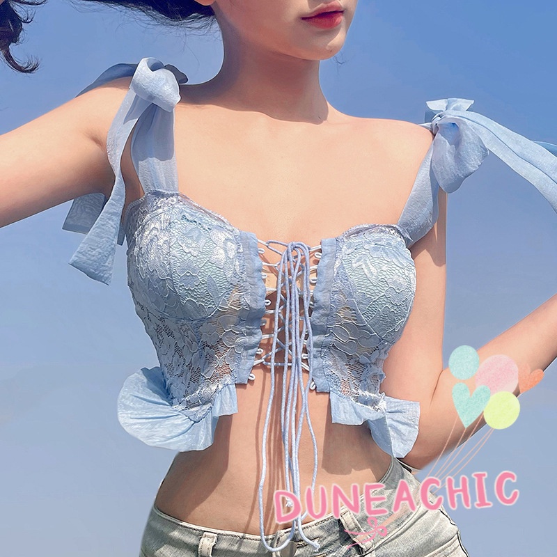 DUNEA Áo Tank Top Hở Lưng Phối Ren Phong Cách Quyến Rũ