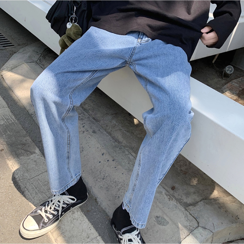 Quần Jean Baggy Nam Ống Rộng Màu Xanh Đậm Cắt Gấu Basic Unisex Vải Co Giãn-B03
