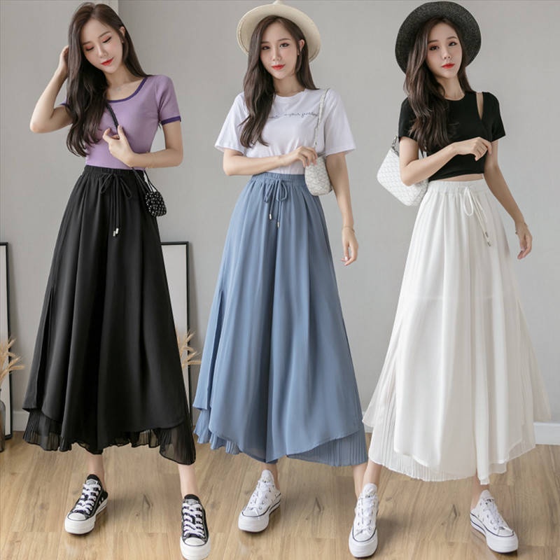 Quần Giả Váy Ống Rộng Lưng Cao Màu Đen Chất Liệu Chiffon Cho Nữ