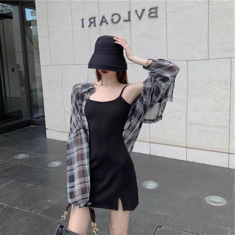 SET VÁY 2 DÂY ĐEN BODY MIX ÁO KHOÁC SOMI KẺ CARO UNISEX