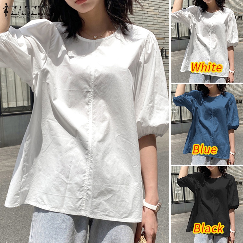 Áo kiểu ZANZEA tay phồng cổ tròn hở lưng phối dây rút thời trang dành cho nữ