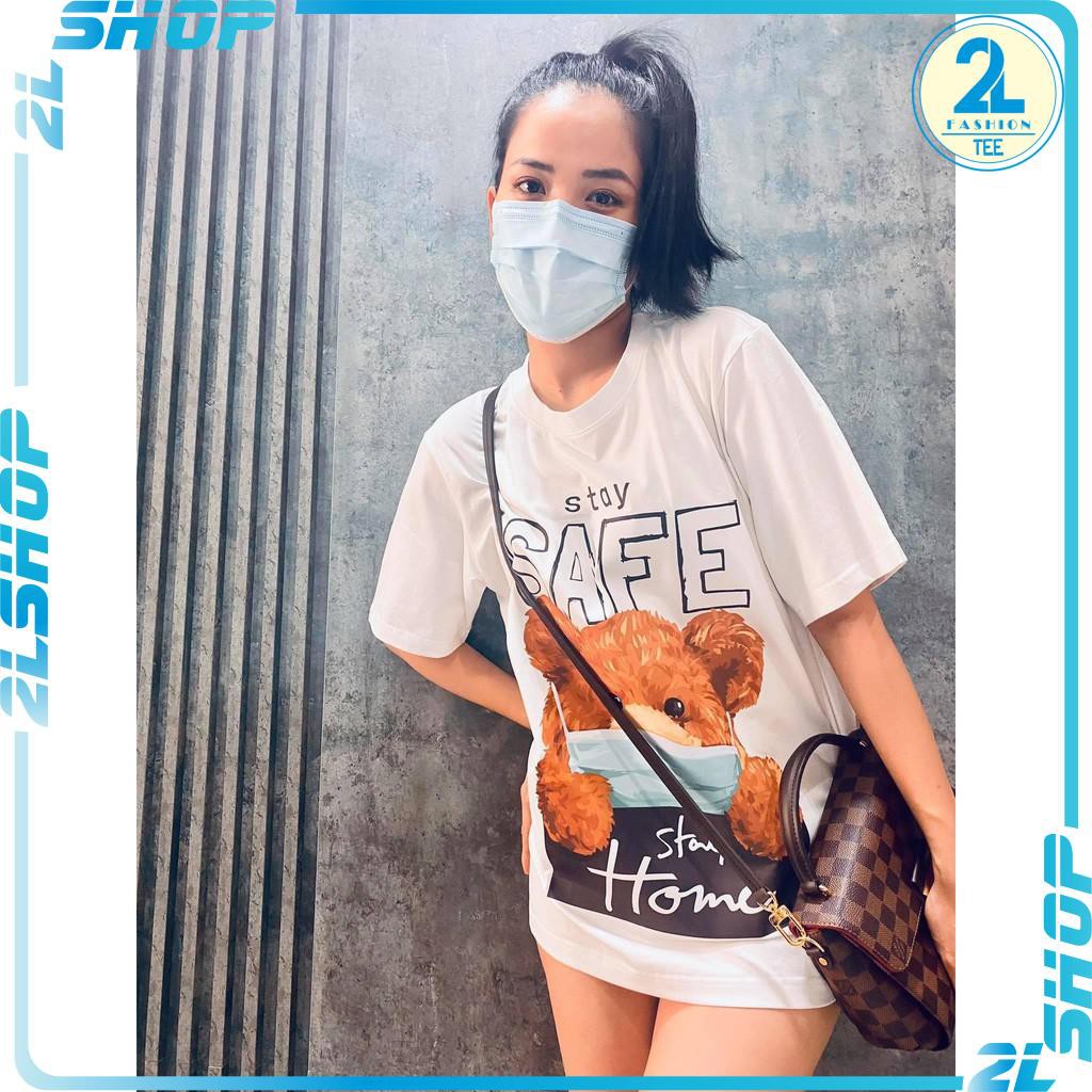 Áo Thun nữ Unisex Gấu đeo khẩu trang STAY HOME , áo phông form rộng tay lỡ  hot 2021