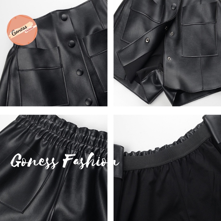 Quần giả váy da Goness dáng chữ a ngắn phối khuy thiết kế túi trước hai màu đen nâu thời trang QD112