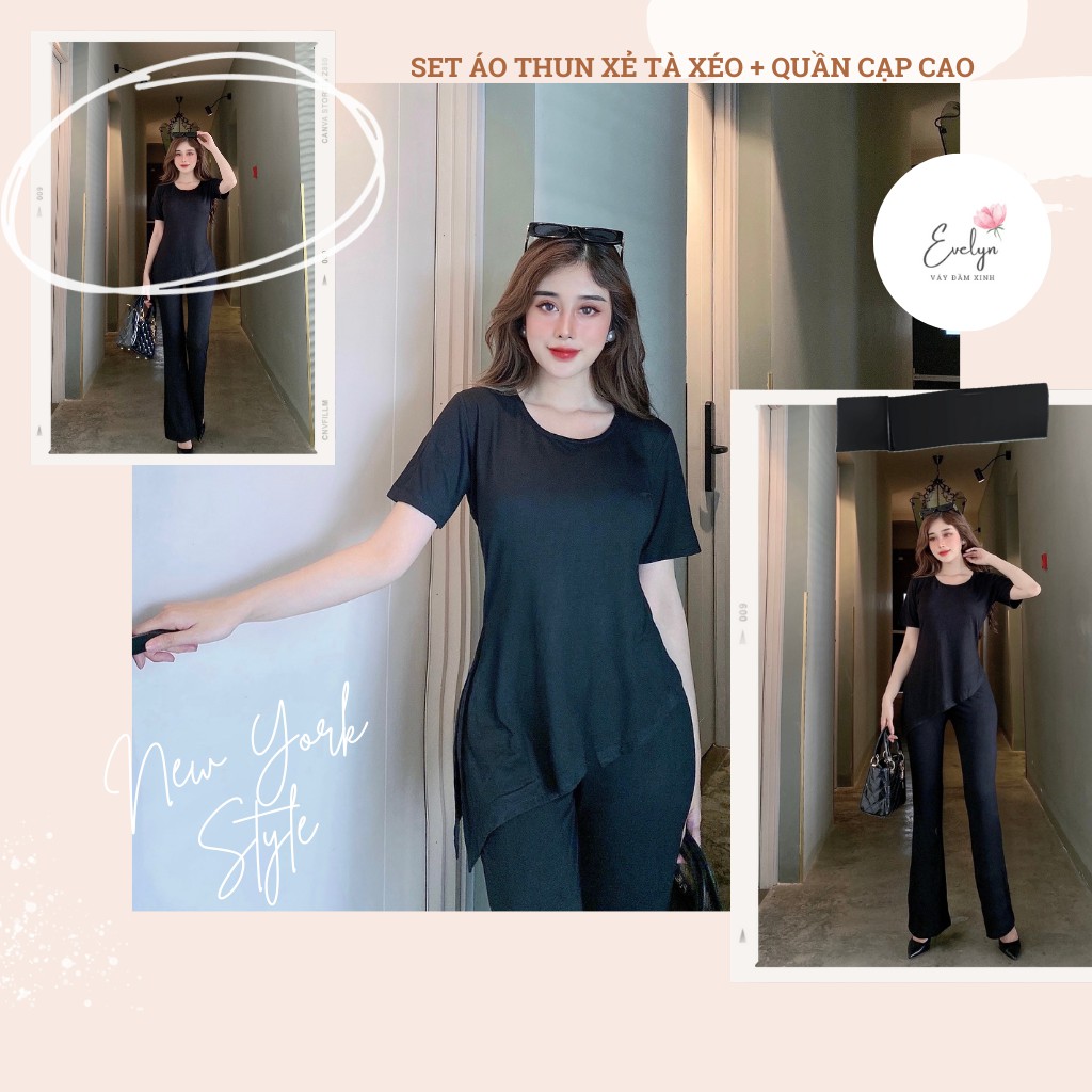 Set thun xẻ tà xéo quần cạp cao mặc kéo dài chân - LS07