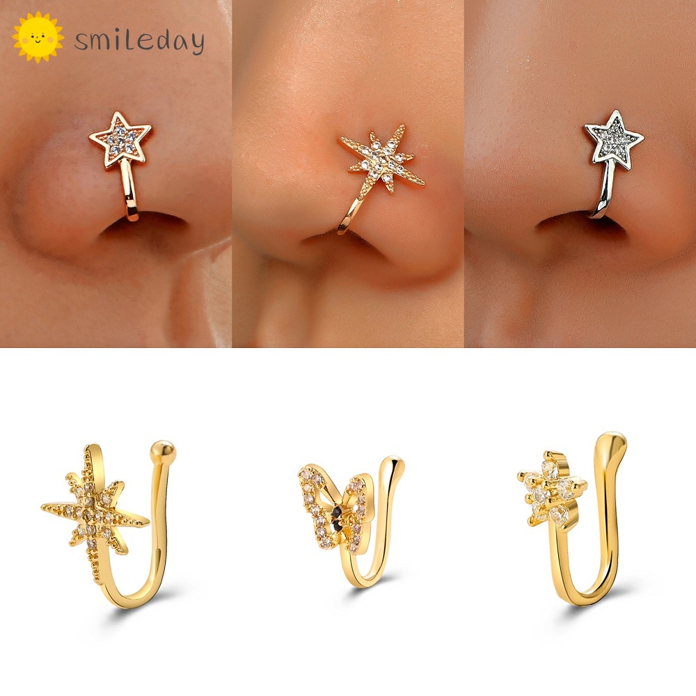 Khuyên kẹp mũi không cần xỏ màu vàng hình ngôi sao/trái tim phong cách punk làm quà tặng cho nữ