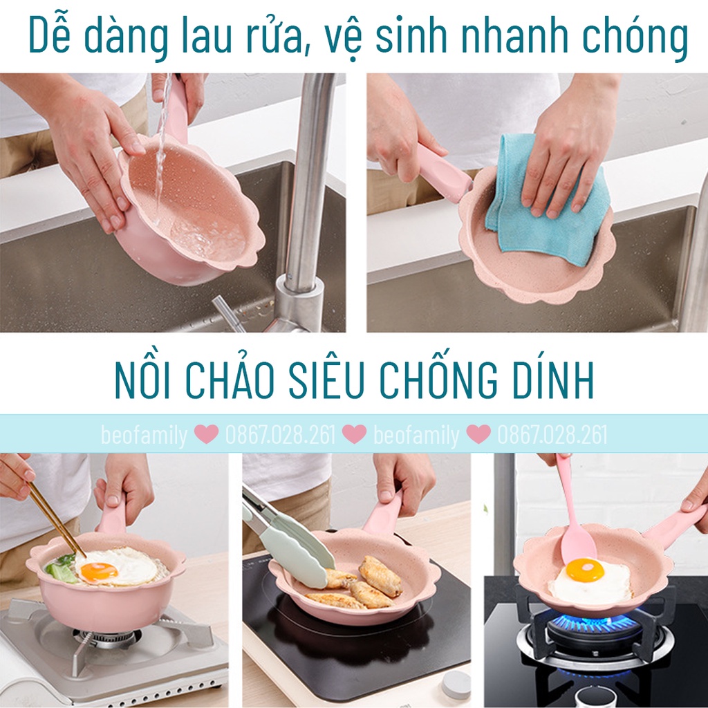 [Hàng loại 1] Bộ chảo đá chống dính cao cấp hình bông hoa, quánh chống dính nấu đồ ăn dặm cho bé