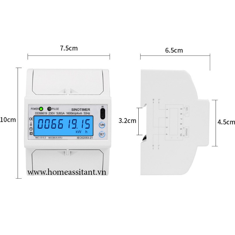Công Tơ 1 Pha 6 Thông Số 100A Modbus RS485 DDS6619  Hass PLC