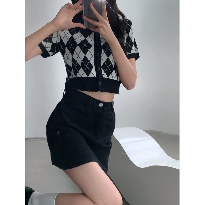 HUANG YOYO Áo khoác len dài tay kiểu Hàn Quốc retro họa tiết ca rô thời trang cho nữ
