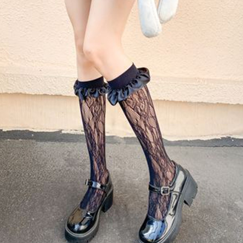 Xixi Đôi Tất Chân Cao Qua Gối Vải Satin Phối Ren Lưới Mỏng Phong Cách Lolita Nhật Bản Dành Cho Nữ