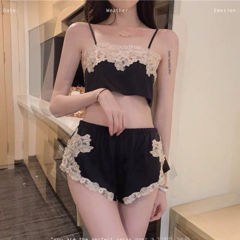Đồ ngủ sexy 2 dây lụa, Bộ ngủ 2 dây cao cấp phối hoa thêu ST11
