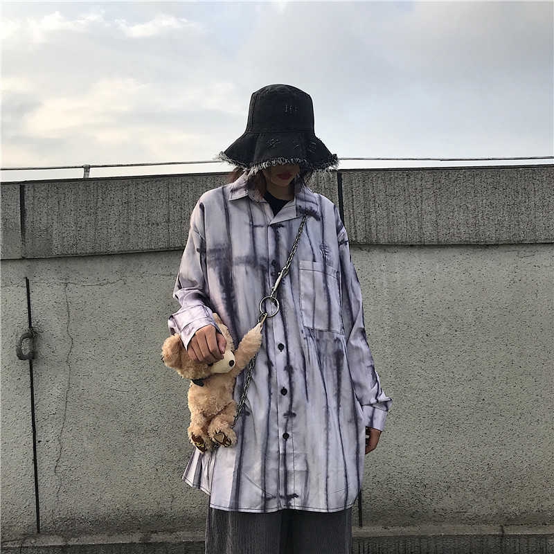 [Miễn Phí Vận Chuyển] Áo Sơ Mi Dài Tay 229609Áo Sơ Mi Dáng Rộng In Màu Nhuộm Kiểu Harajuku Cá Tính