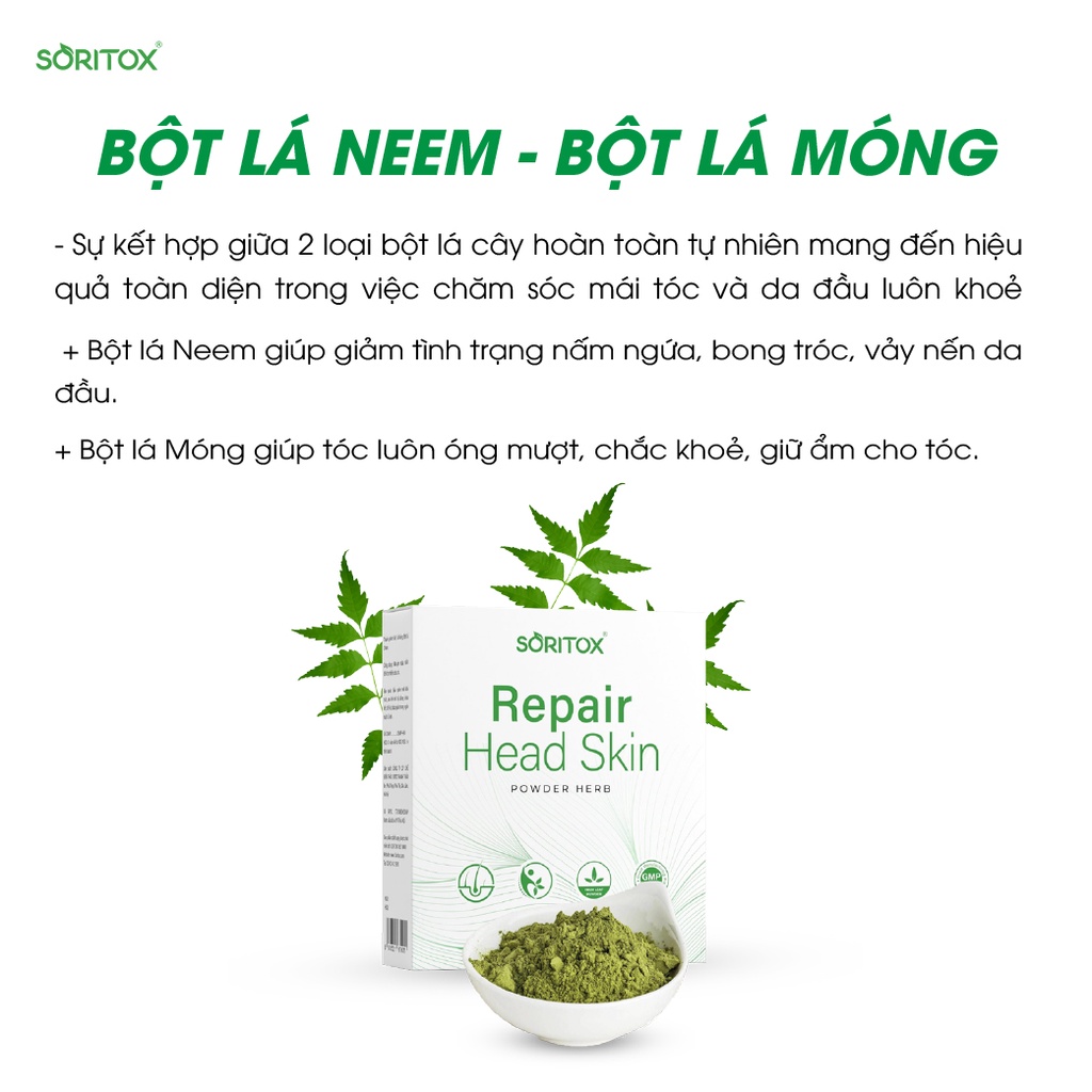 Soritox Powder 50GR - Bột lá Ủ tóc Thảo mộc Chăm sóc da đầu, Sạch gàu, Vảy nến da đầu, Nấm ngứa da đầu từ lá Neem Ấn Độ